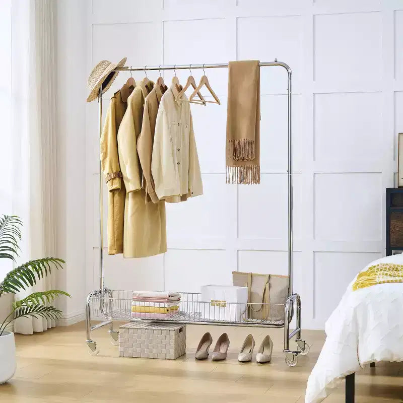 Portant à vêtements 800LBS avec panier de rangement, portant à vêtements roulant en fer robuste (2 pièces/carton, cintre portable pliable)