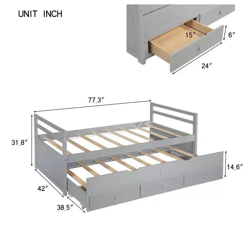 Lit de repos double avec lit gigogne et trois tiroirs de rangement, Lit plateforme en bois avec tête de lit et pied de lit pour enfants