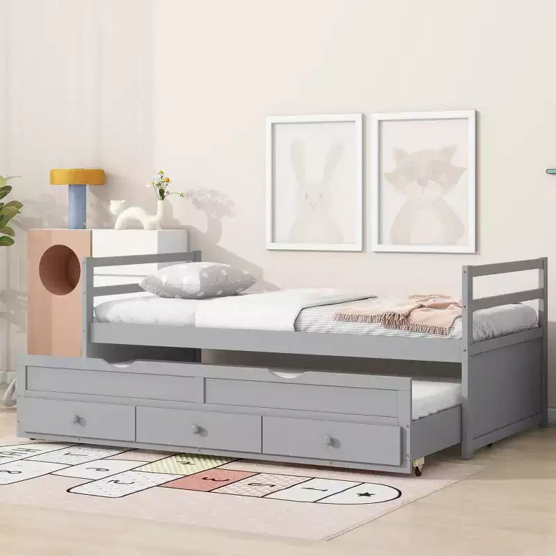 Lit de repos double avec lit gigogne et trois tiroirs de rangement, Lit plateforme en bois avec tête de lit et pied de lit pour enfants