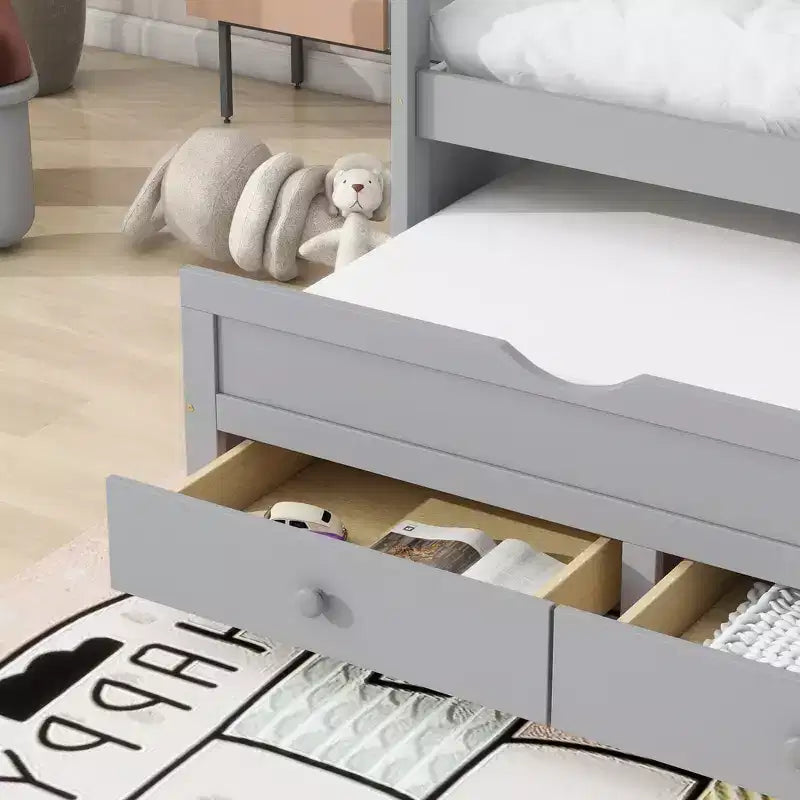 Lit de repos double avec lit gigogne et trois tiroirs de rangement, Lit plateforme en bois avec tête de lit et pied de lit pour enfants
