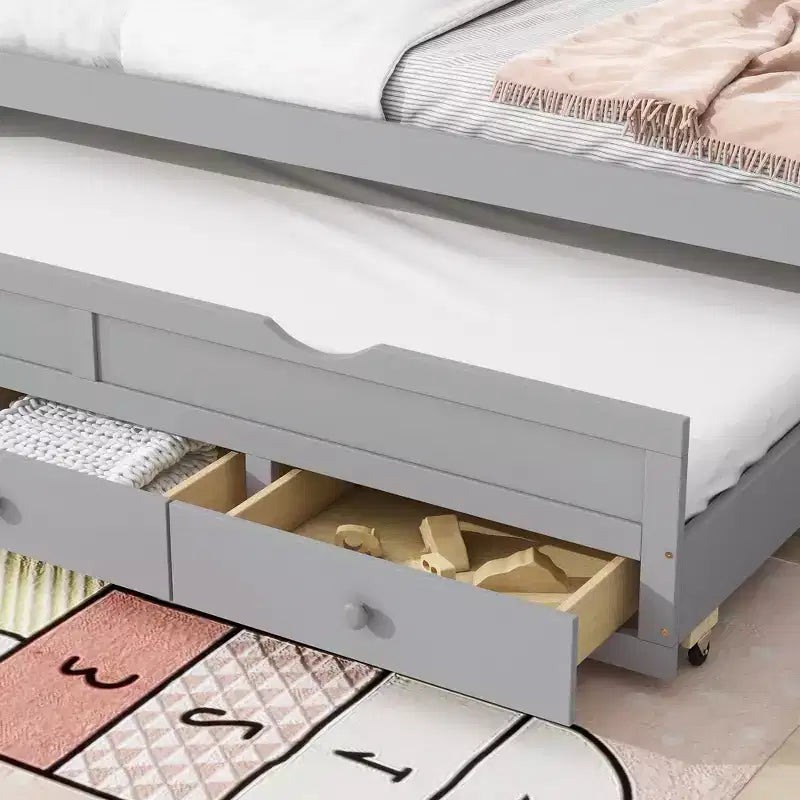 Lit de repos double avec lit gigogne et trois tiroirs de rangement, Lit plateforme en bois avec tête de lit et pied de lit pour enfants