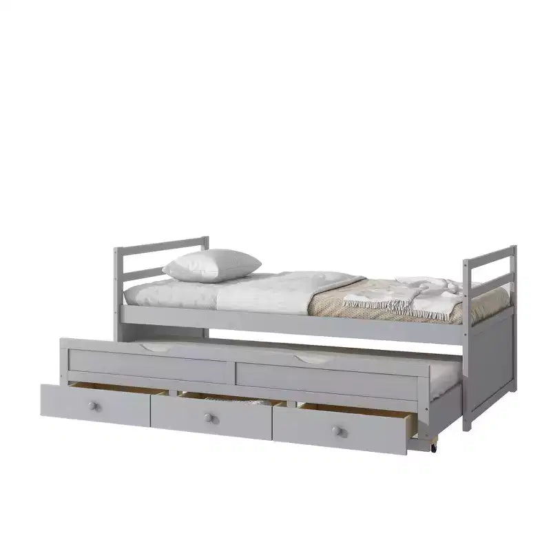 Lit de repos double avec lit gigogne et trois tiroirs de rangement, Lit plateforme en bois avec tête de lit et pied de lit pour enfants