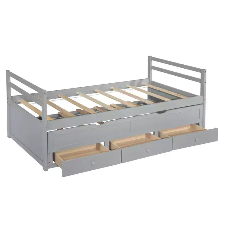 Lit de repos double avec lit gigogne et trois tiroirs de rangement, Lit plateforme en bois avec tête de lit et pied de lit pour enfants