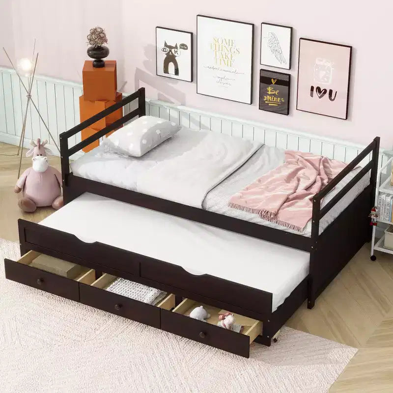 Lit de repos double avec lit gigogne et trois tiroirs de rangement, Lit plateforme en bois avec tête de lit et pied de lit pour enfants