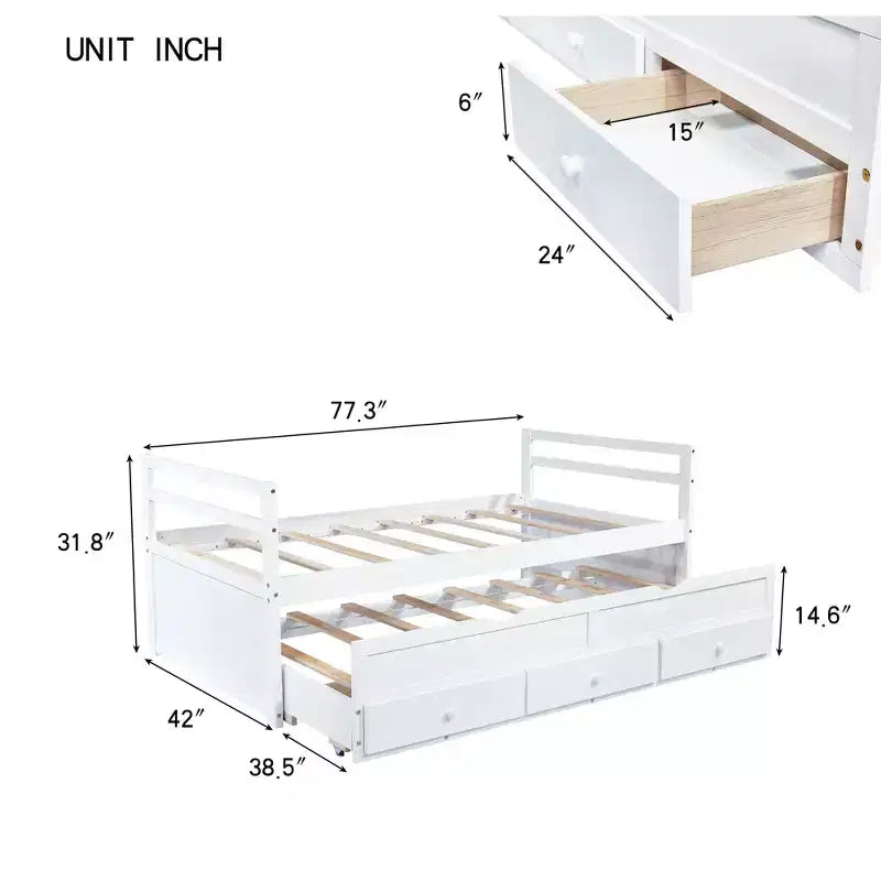 Lit de repos double avec lit gigogne et trois tiroirs de rangement, Lit plateforme en bois avec tête de lit et pied de lit pour enfants