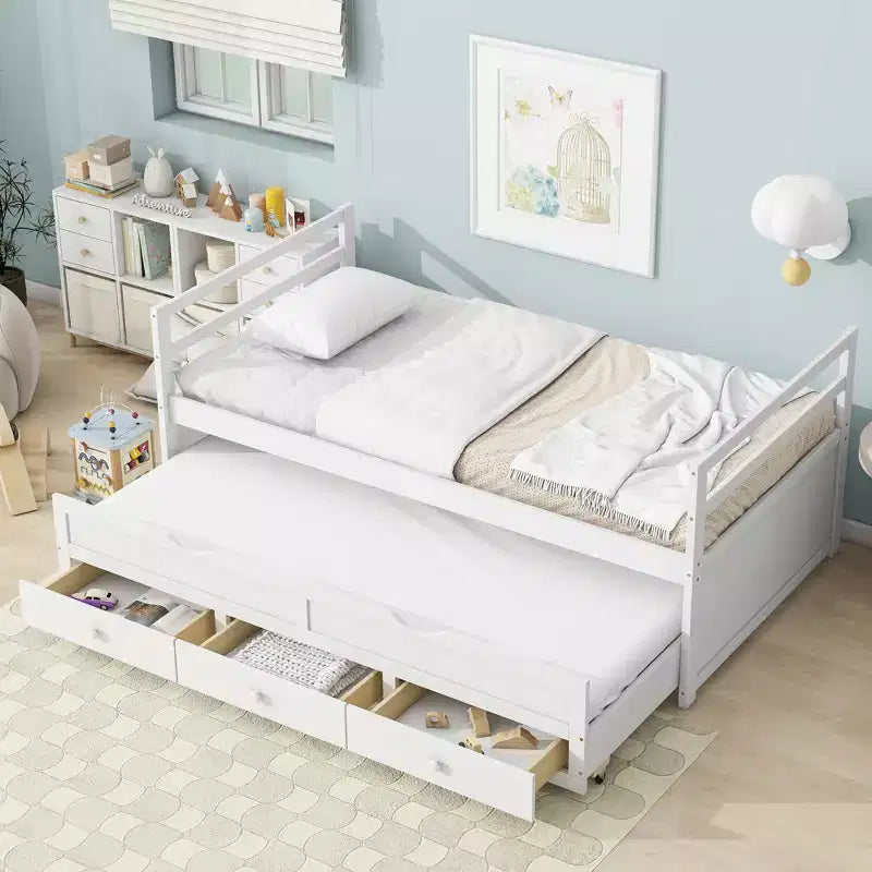 Lit de repos double avec lit gigogne et trois tiroirs de rangement, Lit plateforme en bois avec tête de lit et pied de lit pour enfants