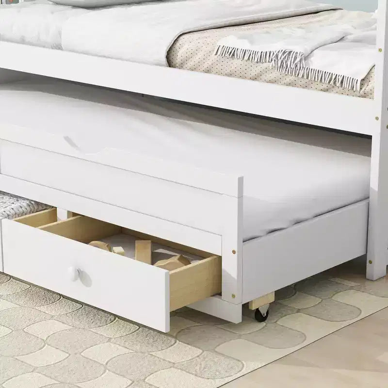 Lit de repos double avec lit gigogne et trois tiroirs de rangement, Lit plateforme en bois avec tête de lit et pied de lit pour enfants