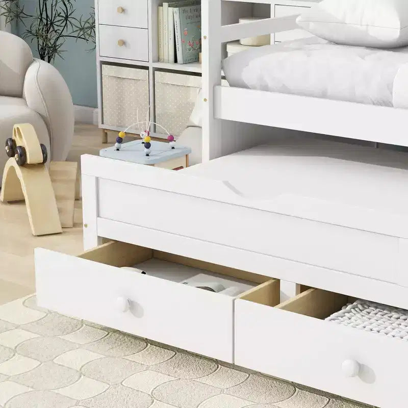 Lit de repos double avec lit gigogne et trois tiroirs de rangement, Lit plateforme en bois avec tête de lit et pied de lit pour enfants