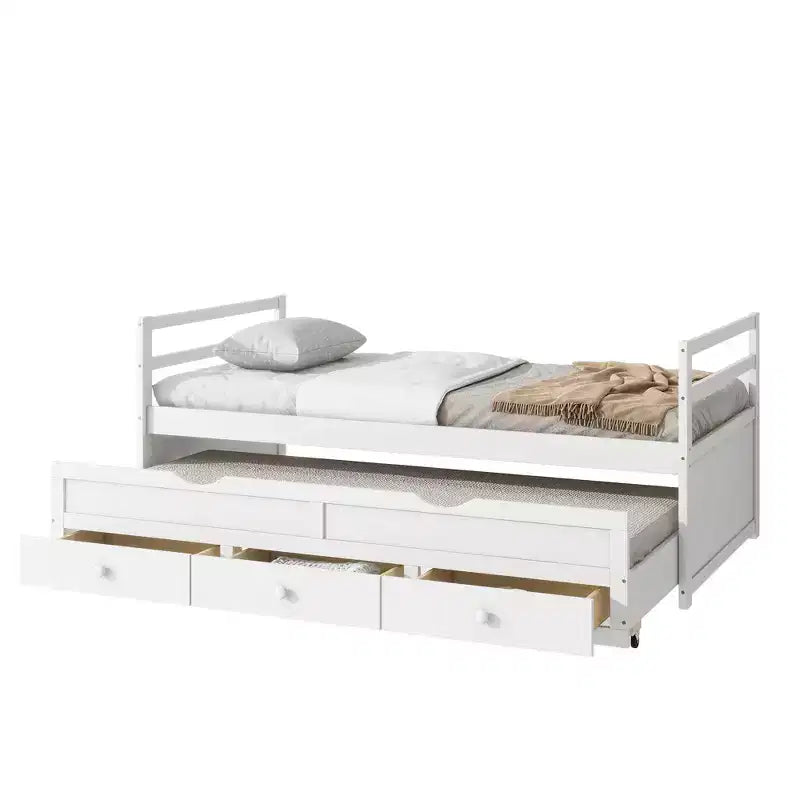 Lit de repos double avec lit gigogne et trois tiroirs de rangement, Lit plateforme en bois avec tête de lit et pied de lit pour enfants