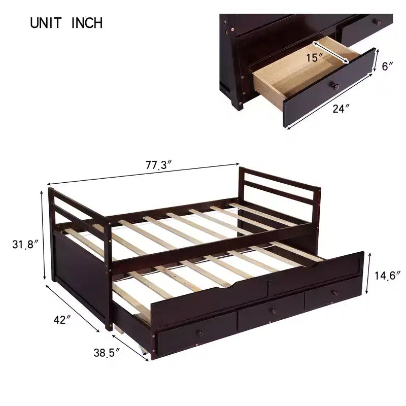 Lit de repos double avec lit gigogne et trois tiroirs de rangement, Lit plateforme en bois avec tête de lit et pied de lit pour enfants