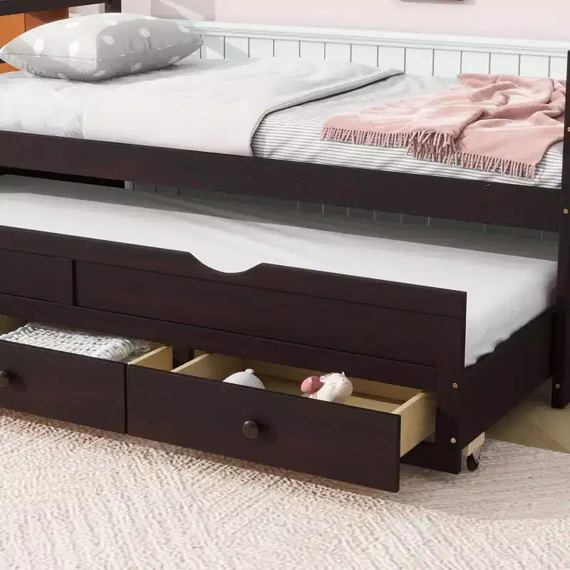 Lit de repos double avec lit gigogne et trois tiroirs de rangement, Lit plateforme en bois avec tête de lit et pied de lit pour enfants