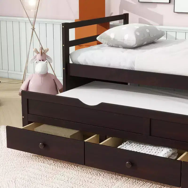 Lit de repos double avec lit gigogne et trois tiroirs de rangement, Lit plateforme en bois avec tête de lit et pied de lit pour enfants