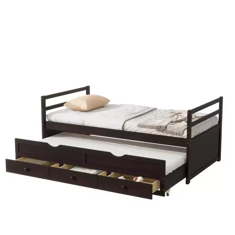 Lit de repos double avec lit gigogne et trois tiroirs de rangement, Lit plateforme en bois avec tête de lit et pied de lit pour enfants