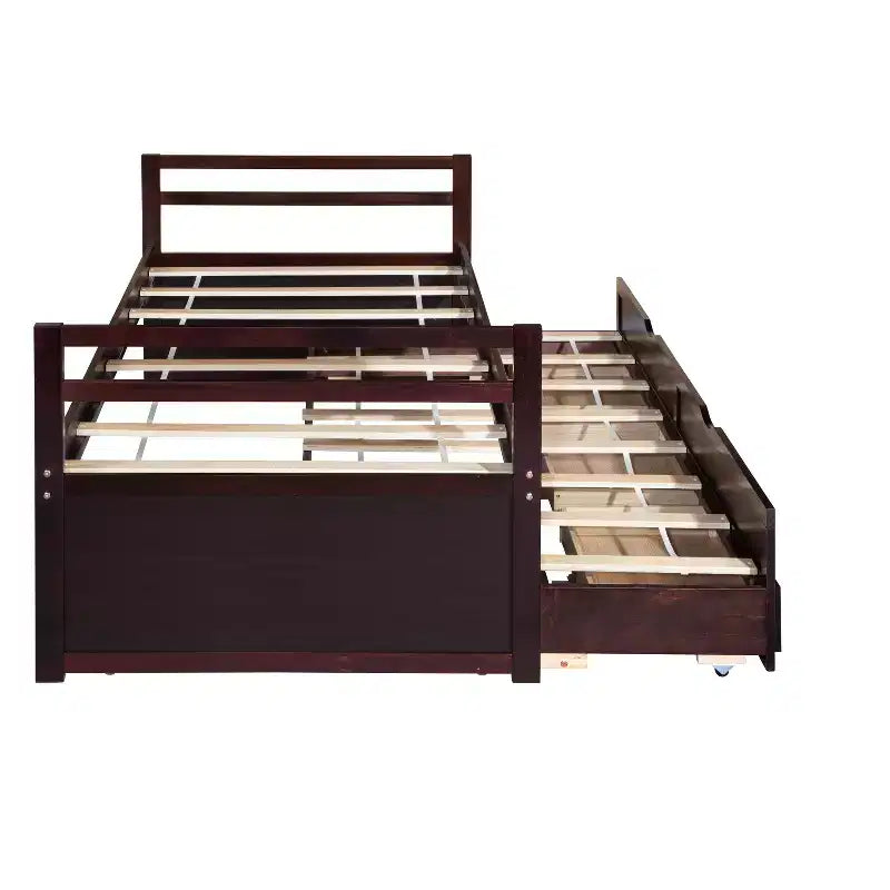 Lit de repos double avec lit gigogne et trois tiroirs de rangement, Lit plateforme en bois avec tête de lit et pied de lit pour enfants