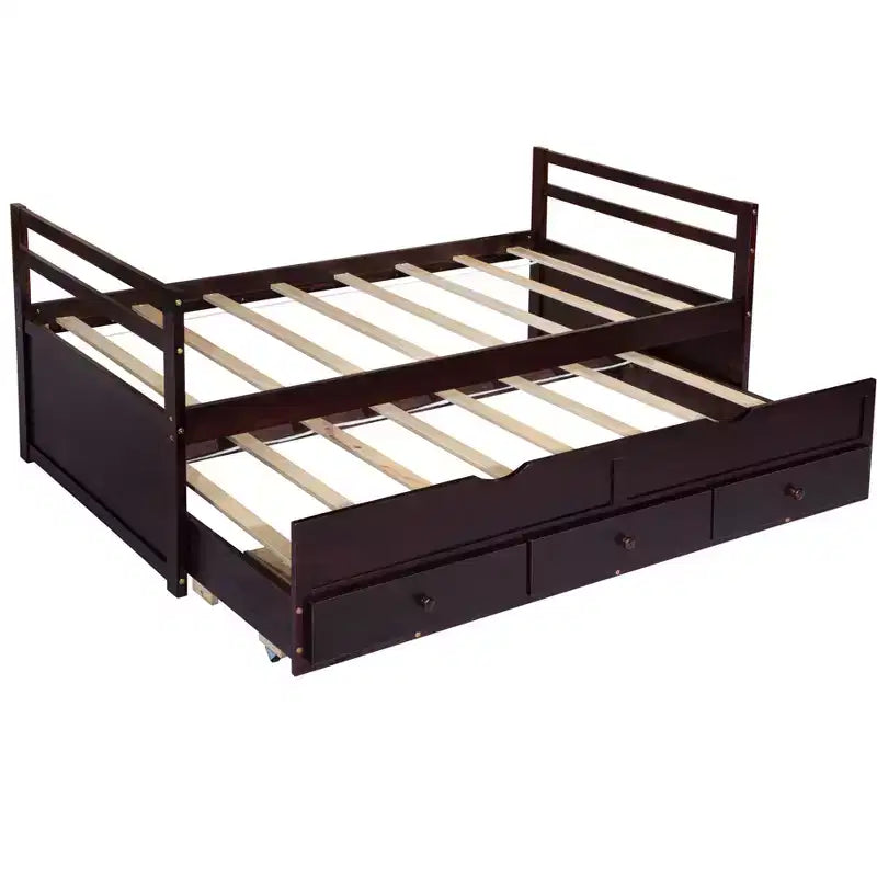 Lit de repos double avec lit gigogne et trois tiroirs de rangement, Lit plateforme en bois avec tête de lit et pied de lit pour enfants