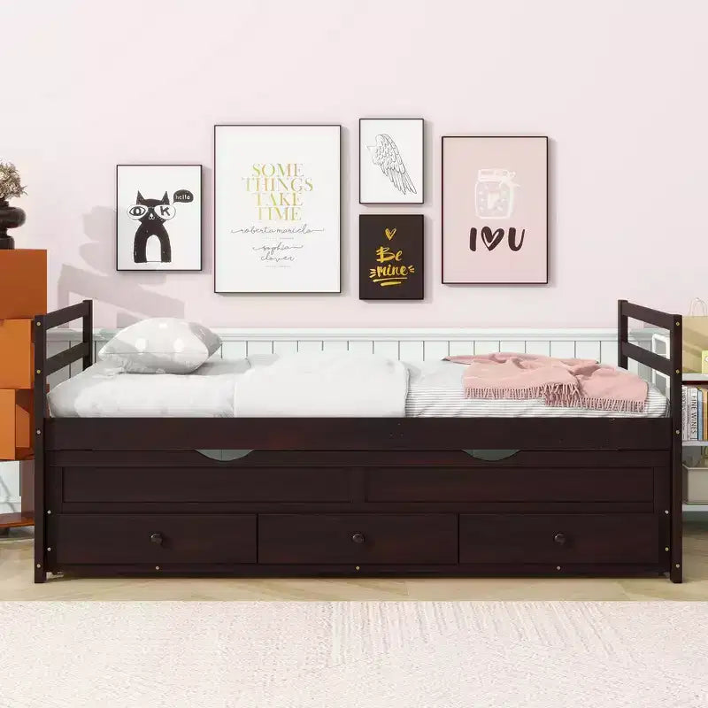 Twin Size Daybed Bed with Trundle and Three Storage Drawers, Wood Platform Bed with Headboard and Footboard for Kids