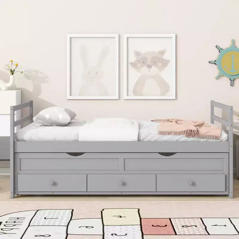 Lit de repos double avec lit gigogne et trois tiroirs de rangement, Lit plateforme en bois avec tête de lit et pied de lit pour enfants