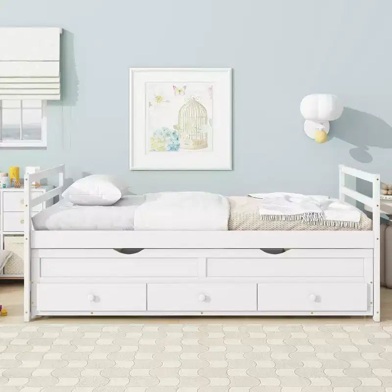 Lit de repos double avec lit gigogne et trois tiroirs de rangement, Lit plateforme en bois avec tête de lit et pied de lit pour enfants