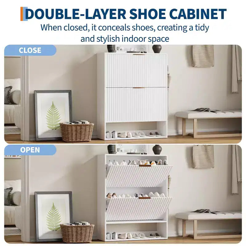 Meuble à chaussures cannelé de 80 cm avec 2 tiroirs abattants et crochets latéraux, organisateur de rangement étroit et réglable pour entrée avec étagère inférieure ouverte