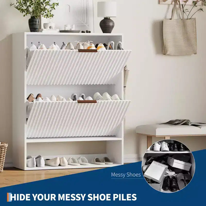 Meuble à chaussures cannelé de 80 cm avec 2 tiroirs abattants et crochets latéraux, organisateur de rangement étroit et réglable pour entrée avec étagère inférieure ouverte