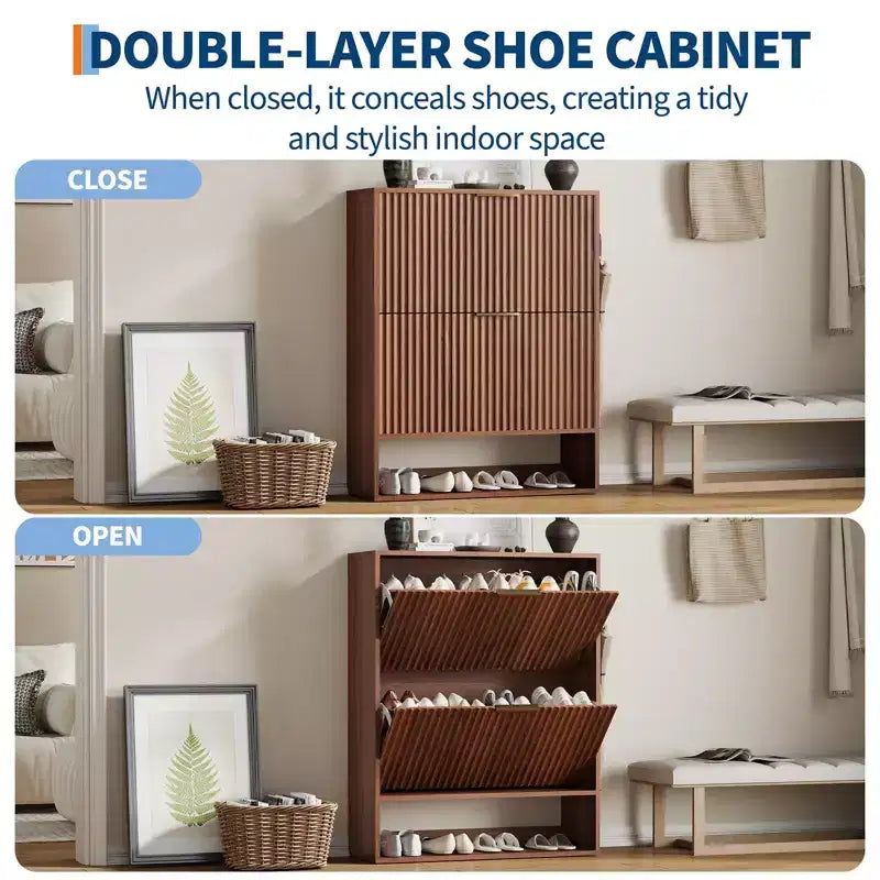 Meuble à chaussures cannelé de 80 cm avec 2 tiroirs abattants et crochets latéraux, organisateur de rangement étroit et réglable pour entrée avec étagère inférieure ouverte