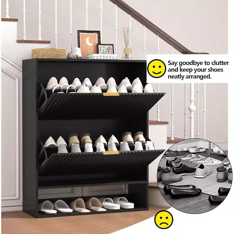 Meuble à chaussures cannelé de 80 cm avec 2 tiroirs abattants et crochets latéraux, organisateur de rangement étroit et réglable pour entrée avec étagère inférieure ouverte