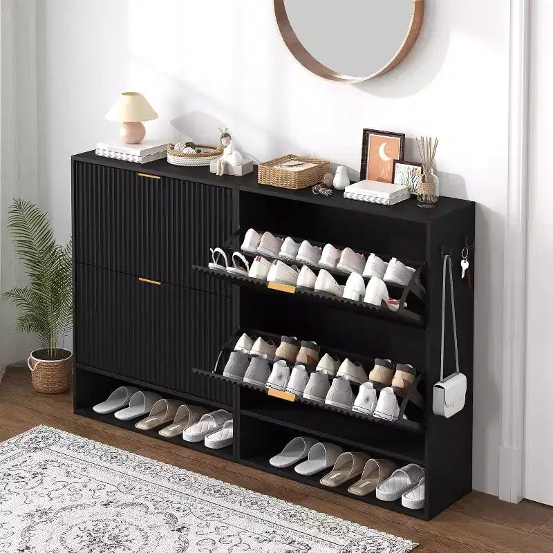 Meuble à chaussures cannelé de 80 cm avec 2 tiroirs abattants et crochets latéraux, organisateur de rangement étroit et réglable pour entrée avec étagère inférieure ouverte