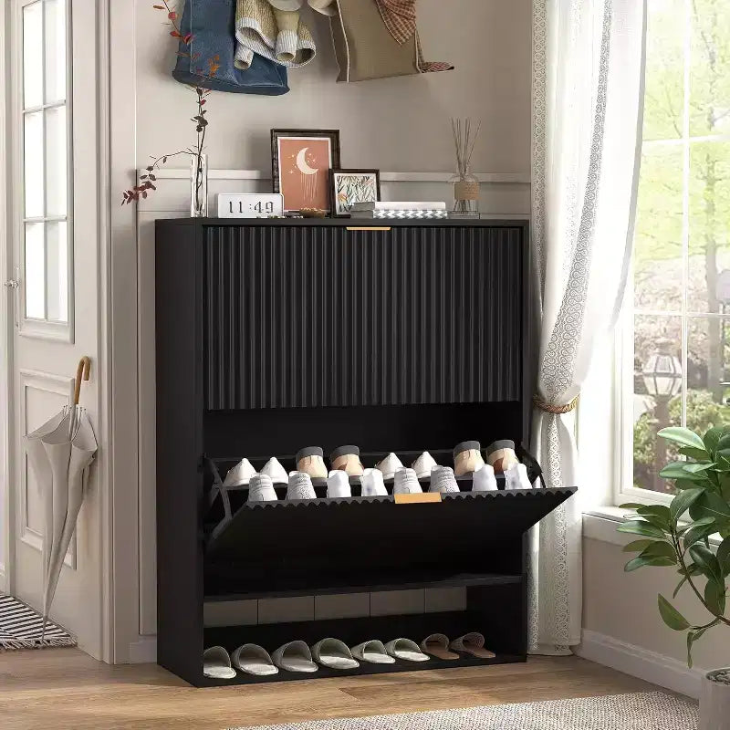 Meuble à chaussures cannelé de 80 cm avec 2 tiroirs abattants et crochets latéraux, organisateur de rangement étroit et réglable pour entrée avec étagère inférieure ouverte