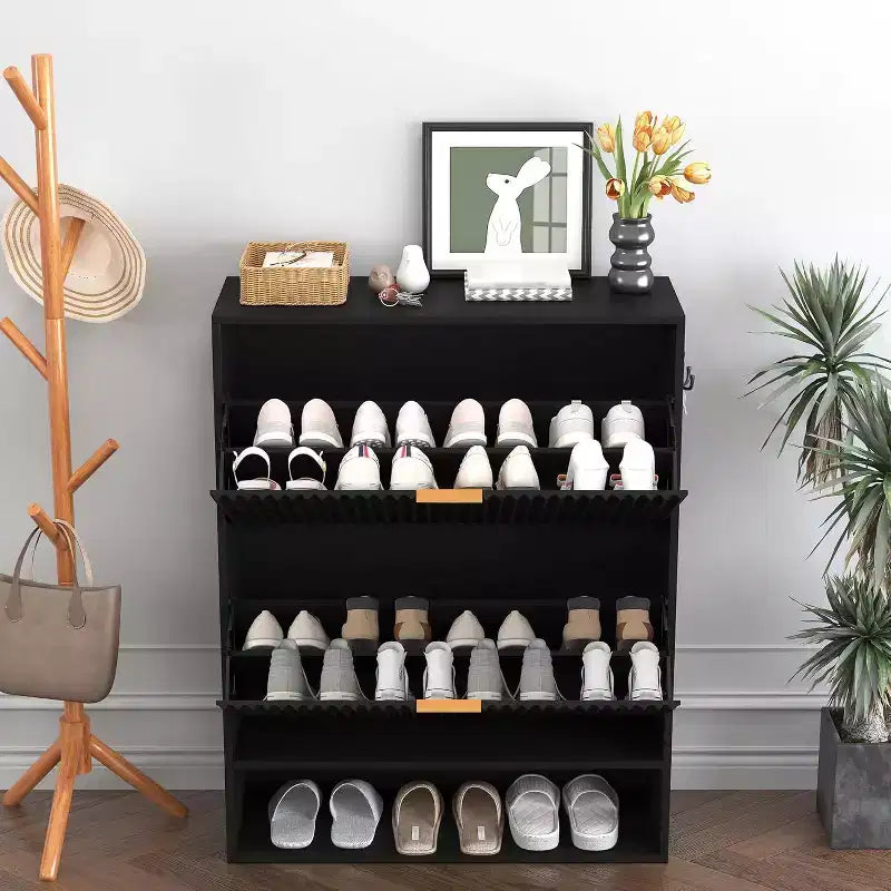 Meuble à chaussures cannelé de 80 cm avec 2 tiroirs abattants et crochets latéraux, organisateur de rangement étroit et réglable pour entrée avec étagère inférieure ouverte