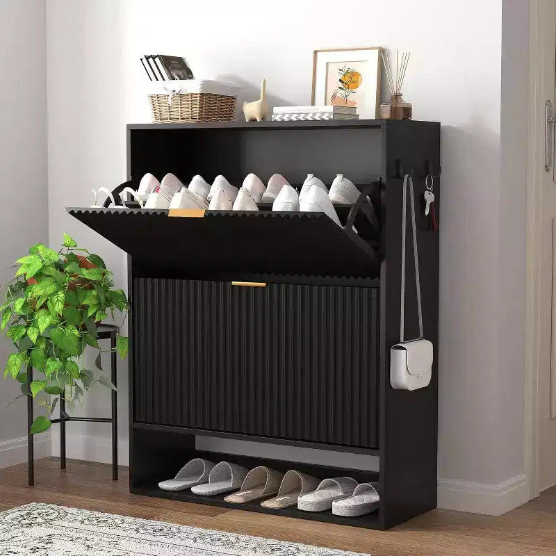 31.5'' Fluted Shoe Cabinet with 2 Flip-Down Drawers &amp; Side Hooks, Adjustable Narrow Entryway Storage Organizer with Bottom Open Shelf