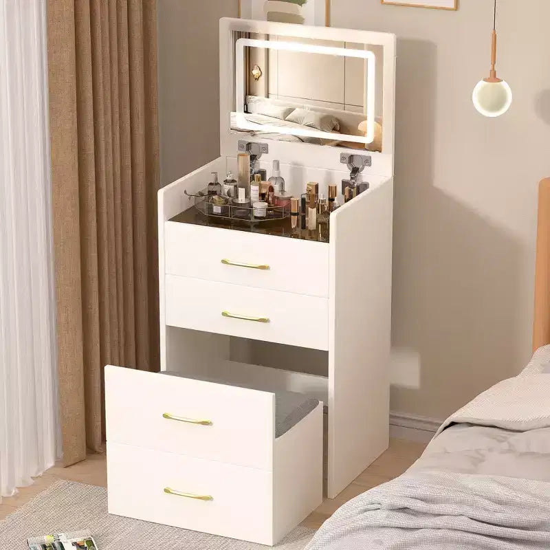 3-in-1 Flip Mirror Vanity Desk &amp; Nightstand, Compact with Storage, Glass Top
