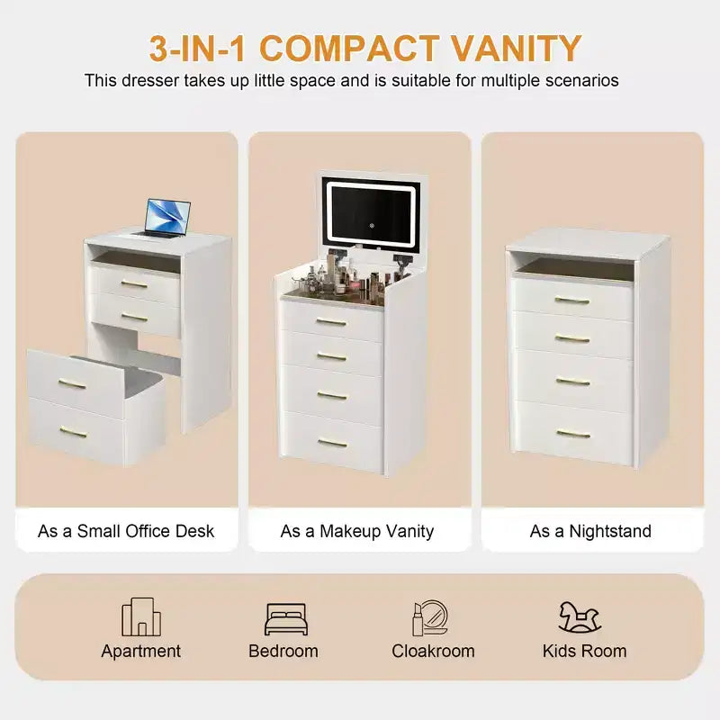 Coiffeuse et table de chevet 3-en-1 avec miroir basculant, compacte avec rangement, plateau en verre