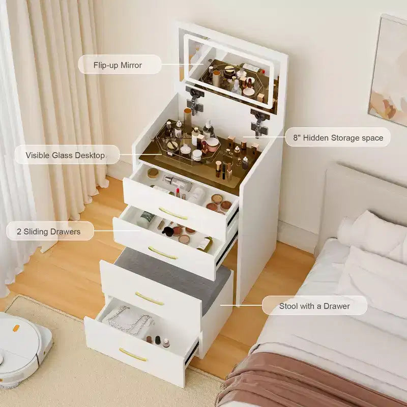 Coiffeuse et table de chevet 3-en-1 avec miroir basculant, compacte avec rangement, plateau en verre