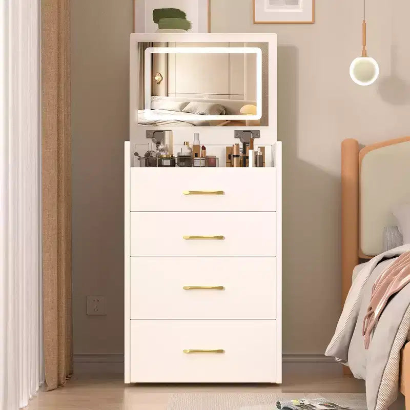 Coiffeuse et table de chevet 3-en-1 avec miroir basculant, compacte avec rangement, plateau en verre