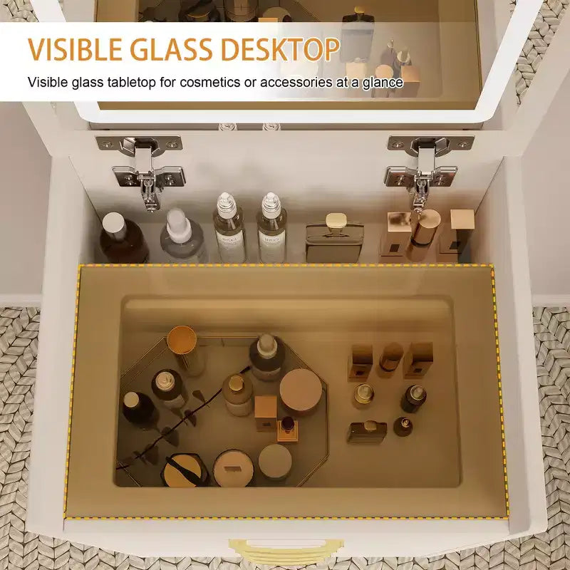 Coiffeuse et table de chevet 3-en-1 avec miroir basculant, compacte avec rangement, plateau en verre