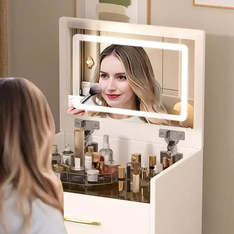 Coiffeuse et table de chevet 3-en-1 avec miroir basculant, compacte avec rangement, plateau en verre