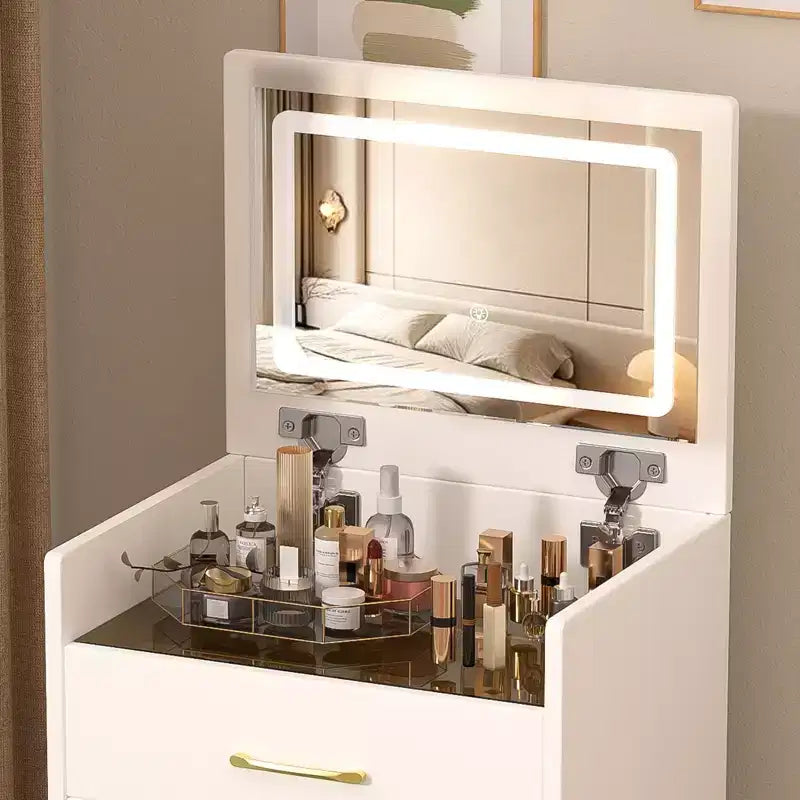 Coiffeuse et table de chevet 3-en-1 avec miroir basculant, compacte avec rangement, plateau en verre