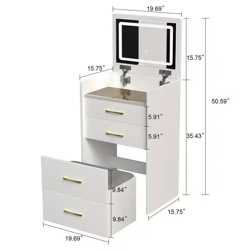 Coiffeuse et table de chevet 3-en-1 avec miroir basculant, compacte avec rangement, plateau en verre