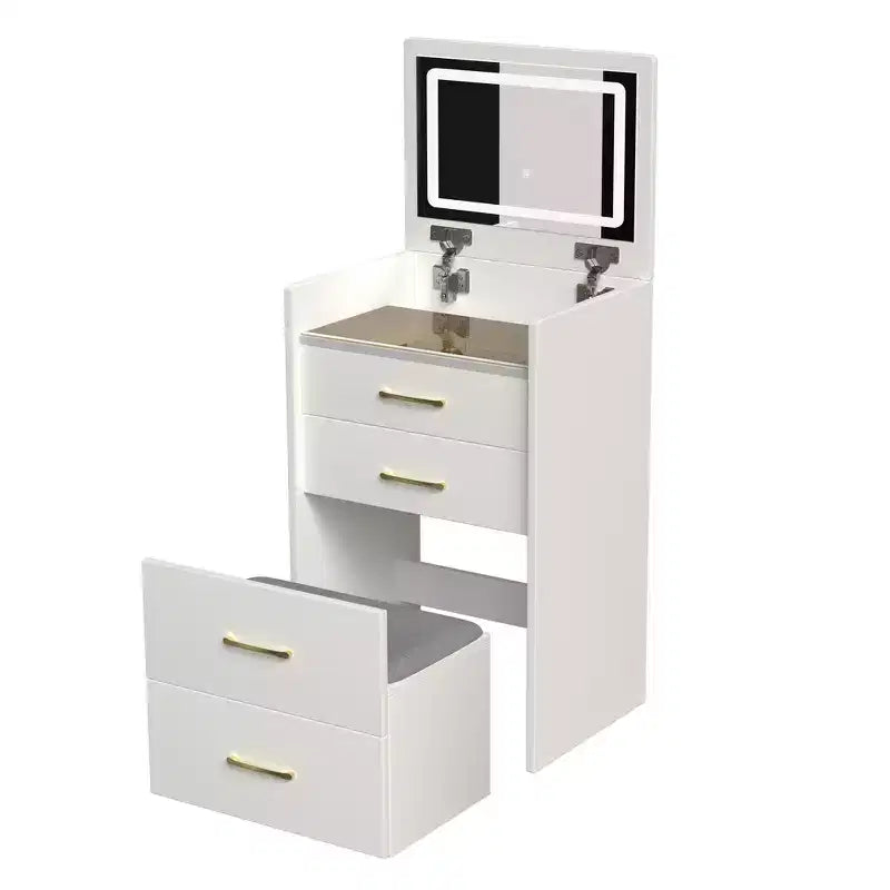 Coiffeuse et table de chevet 3-en-1 avec miroir basculant, compacte avec rangement, plateau en verre