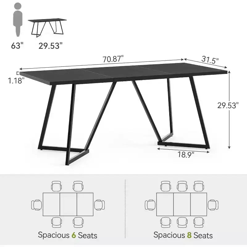 Table de conférence de 180 cm pour 8 personnes, Table de réunion rectangulaire noire avec base en métal, Table de salle de réunion moderne de 1,80 m pour salle de conférence