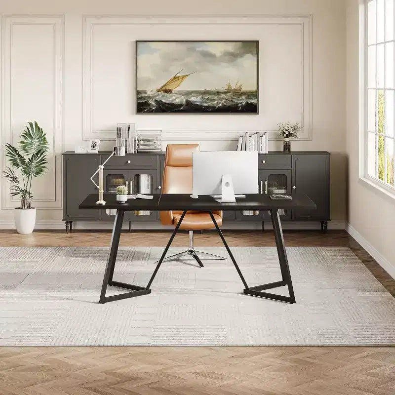 Table de conférence de 180 cm pour 8 personnes, Table de réunion rectangulaire noire avec base en métal, Table de salle de réunion moderne de 1,80 m pour salle de conférence