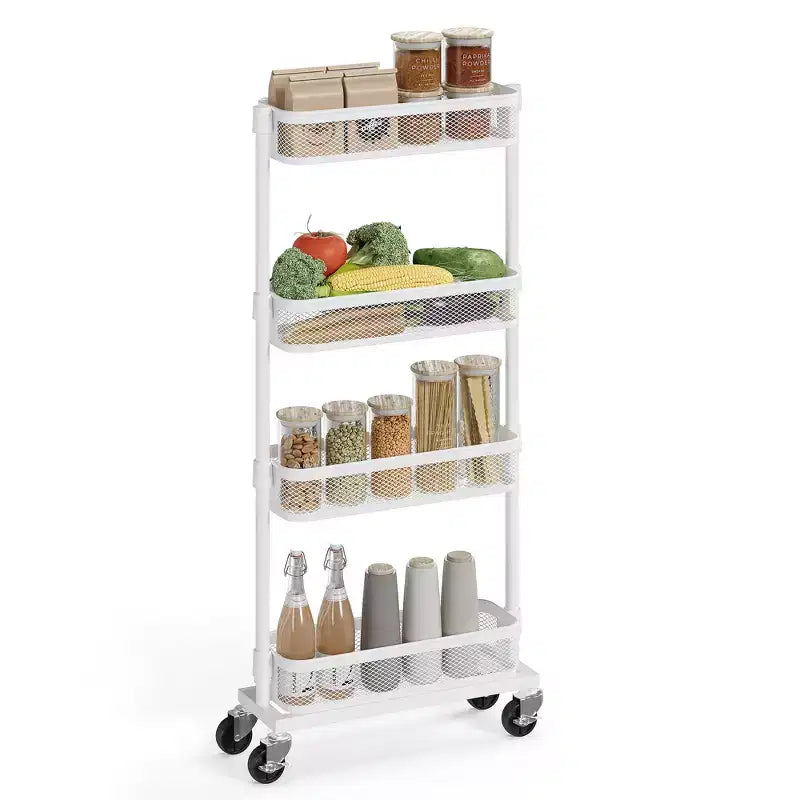 SONGMICS Slim Storage Cart, 4-Tier Metal Rolling Cart with Wheels, Flexible Baskets, Narrow Cart for Kitchen, Bathroom,Easy Assembly, White