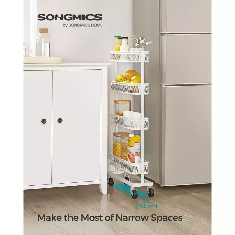 SONGMICS Chariot de Rangement Mince, Chariot Roulant à 4 Niveaux en Métal avec Roues, Paniers Flexibles, Chariot Étroit pour Cuisine, Salle de Bain, Montage Facile, Blanc