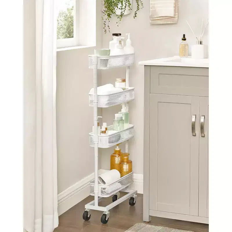 SONGMICS Chariot de Rangement Mince, Chariot Roulant à 4 Niveaux en Métal avec Roues, Paniers Flexibles, Chariot Étroit pour Cuisine, Salle de Bain, Montage Facile, Blanc
