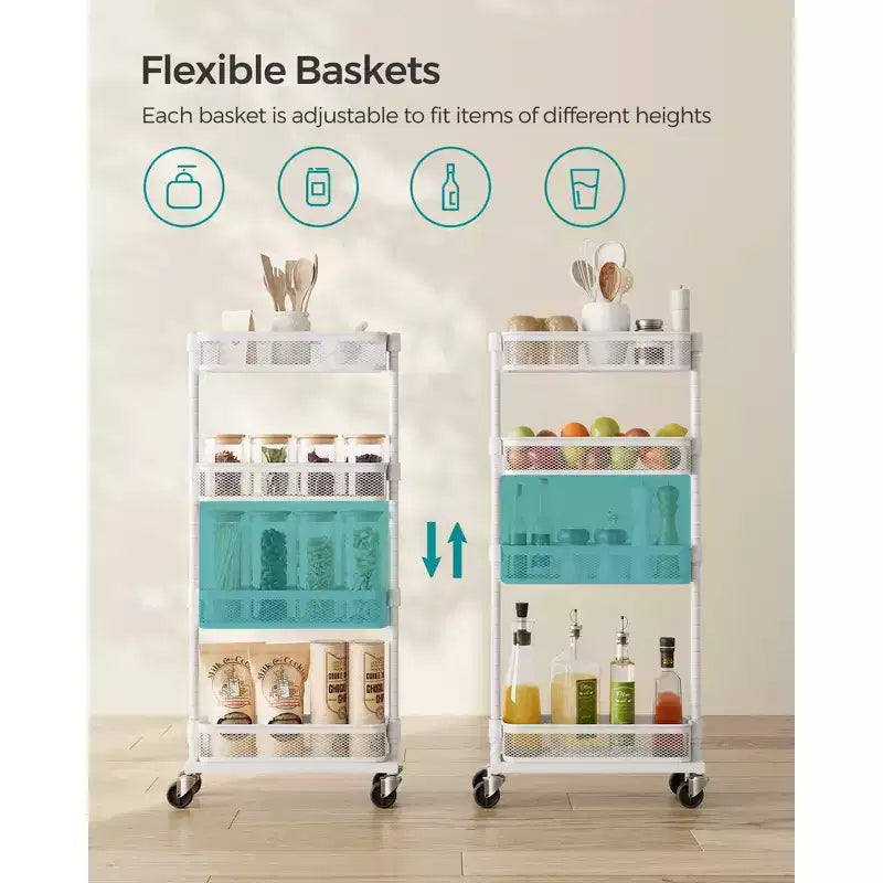 SONGMICS Chariot de Rangement Mince, Chariot Roulant à 4 Niveaux en Métal avec Roues, Paniers Flexibles, Chariot Étroit pour Cuisine, Salle de Bain, Montage Facile, Blanc