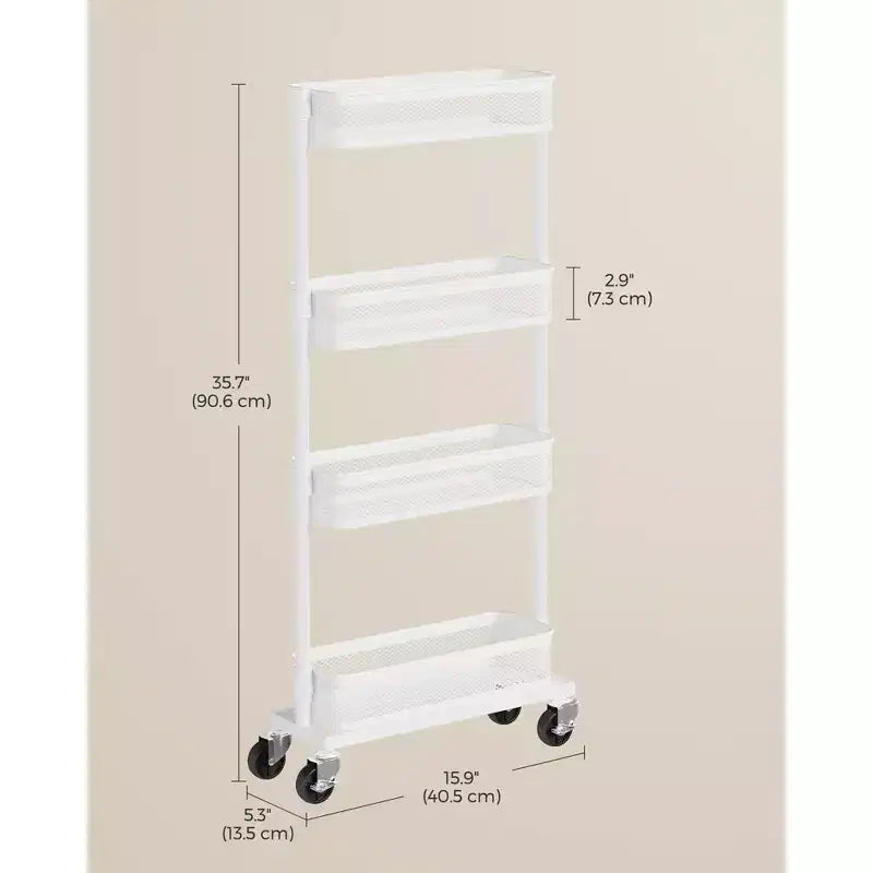 SONGMICS Chariot de Rangement Mince, Chariot Roulant à 4 Niveaux en Métal avec Roues, Paniers Flexibles, Chariot Étroit pour Cuisine, Salle de Bain, Montage Facile, Blanc