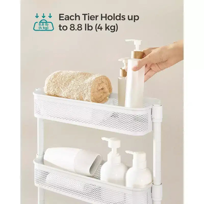 SONGMICS Chariot de Rangement Mince, Chariot Roulant à 4 Niveaux en Métal avec Roues, Paniers Flexibles, Chariot Étroit pour Cuisine, Salle de Bain, Montage Facile, Blanc