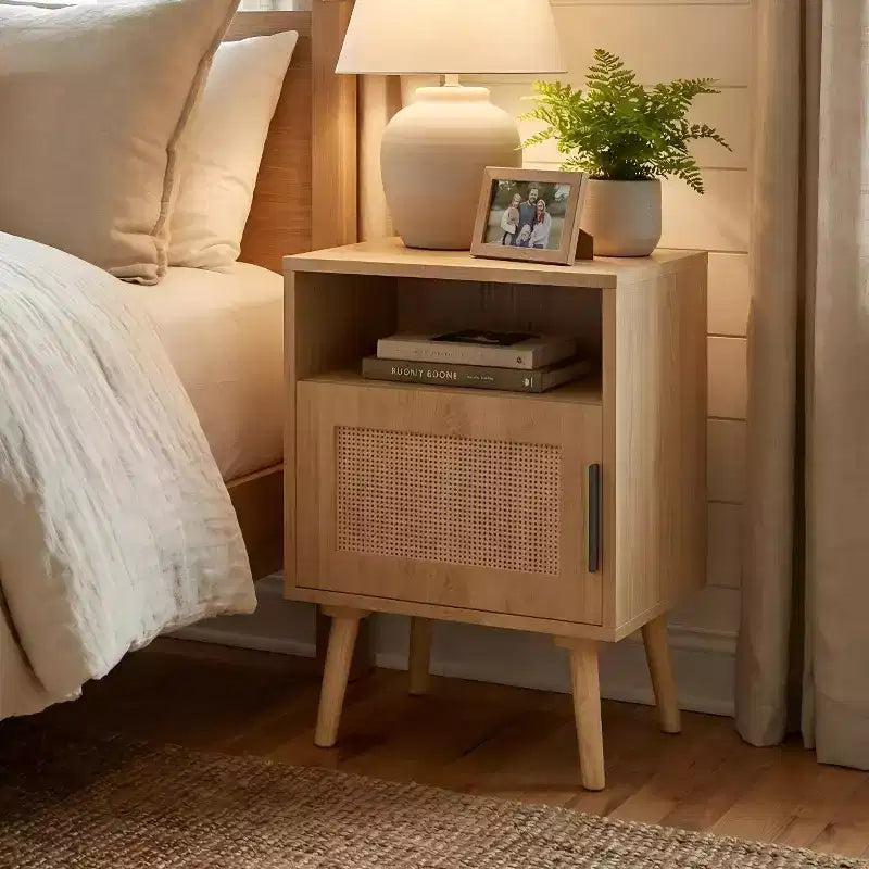 FurnitureR Natural Wood Look MDF Nightstand with Cane Door, Bedside Table with Open Shelf and Storage Cabinet, Tapered Legs for Bedroom