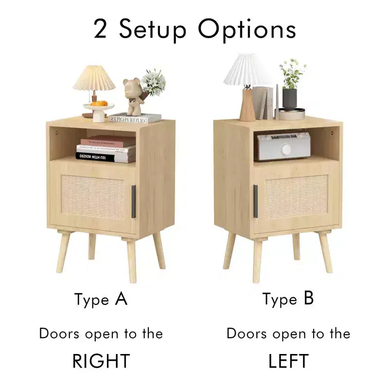 Table de chevet en MDF imitation bois naturel avec porte en cannage, table d'appoint avec étagère ouverte et meuble de rangement, pieds fuselés pour chambre à coucher