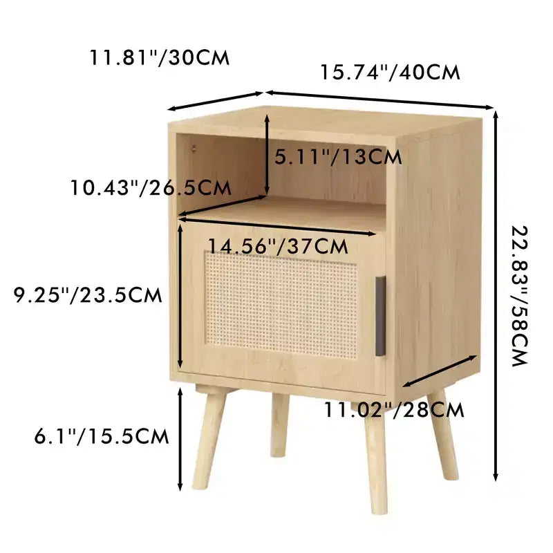 Table de chevet en MDF imitation bois naturel avec porte en cannage, table d'appoint avec étagère ouverte et meuble de rangement, pieds fuselés pour chambre à coucher